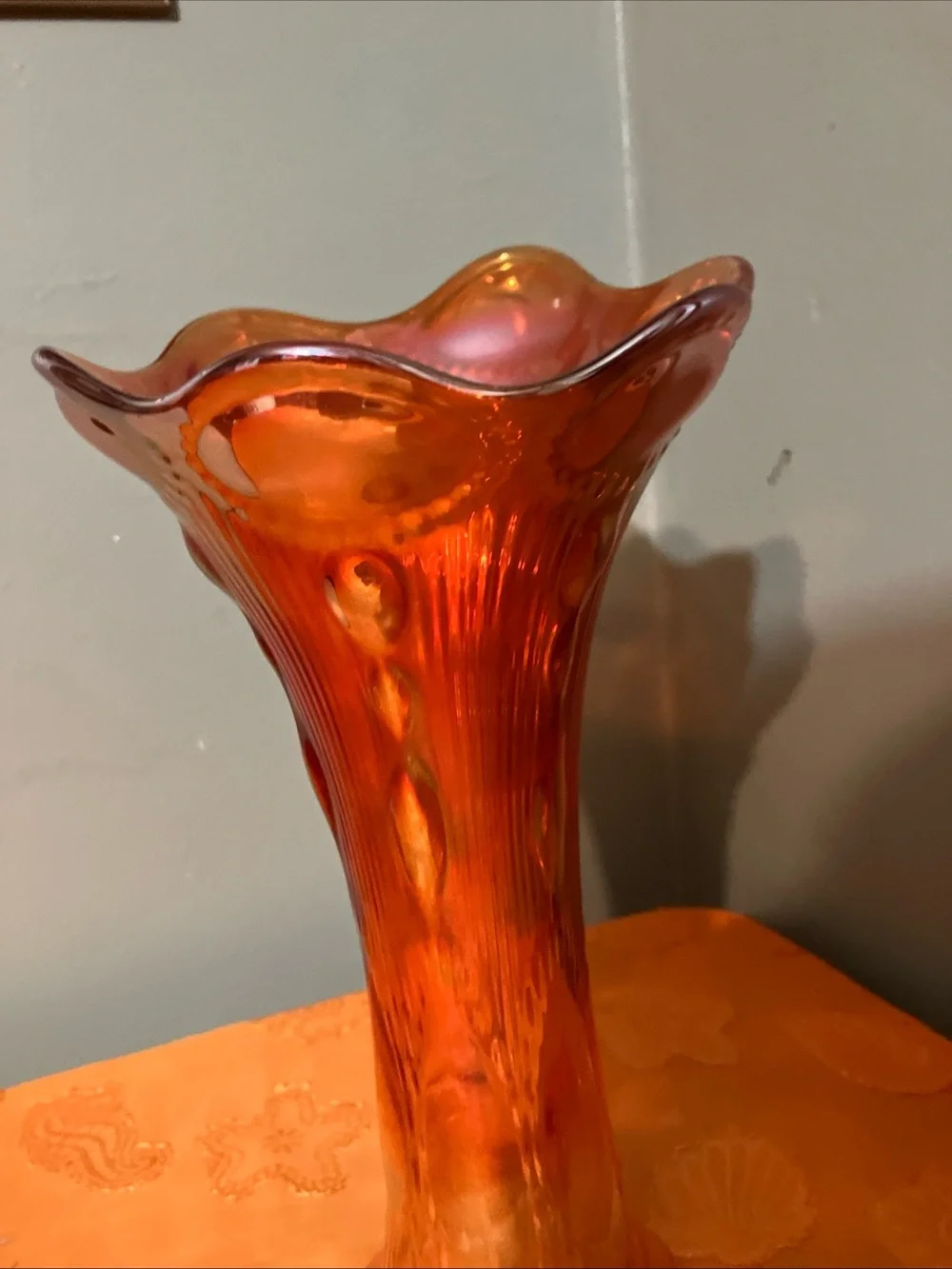 Vintage Marigold Imperial Carnival Glass Stretch Beaded & Ribbed Vase 10”
